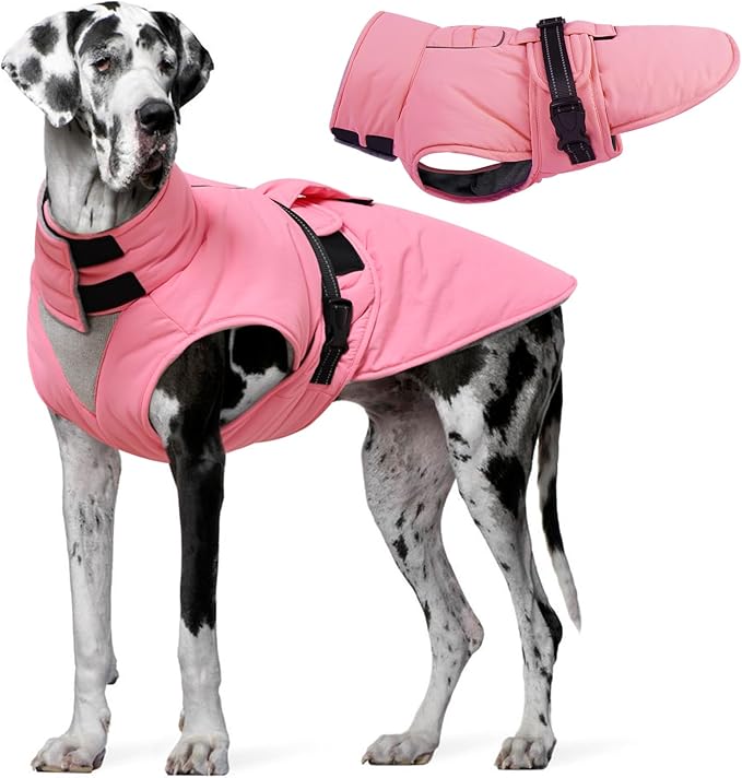 Extra Large Dog Coat, Warm Dog Winter Jacket, Waterproof Dogs Snowsuit with Foldable High Collar, Reflective Strips, Adjustable Hook & Loop Closure - Ideal for Cold Weather - Pink 5XL