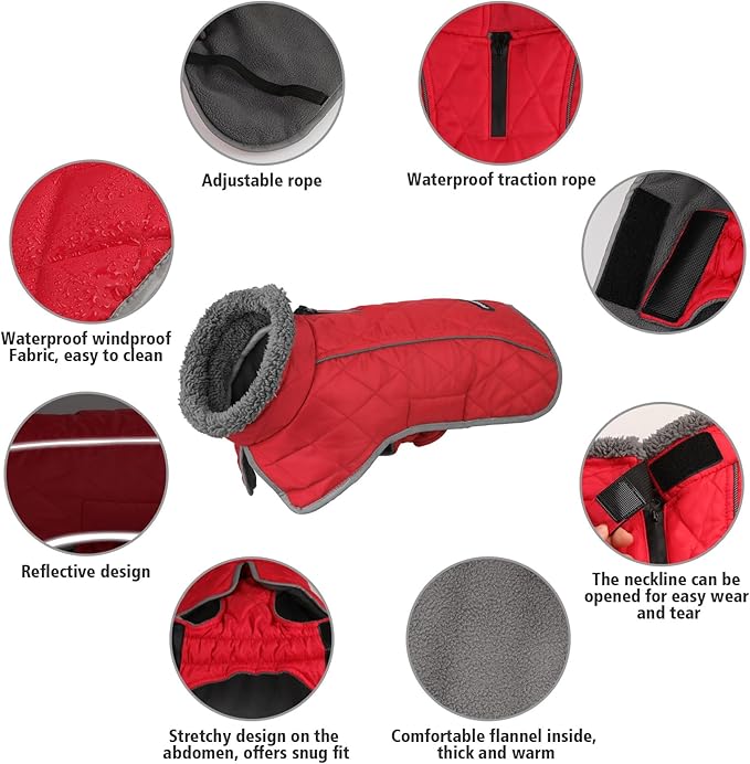 Fragralley Dog Coat Large, Waterproof Dog Jacket with Warm Fleece Lining, Adjustable Reflective Dogs Winter Coat, Turtleneck Pet Coats for Cold Weather (Red XXXL)