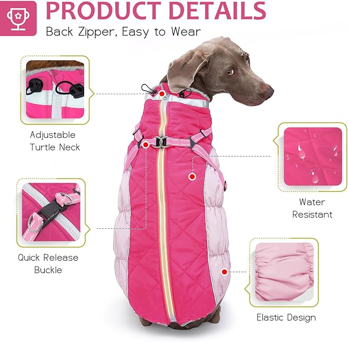 Dog Winter Coat with Harness, Dog Jacket, Pet Clothes with Zipper on Back, Waterproof Windproof Warm Vest, Reflective Cold Weather Coats, for Small Medium Large Dogs, Thick, Pink, M