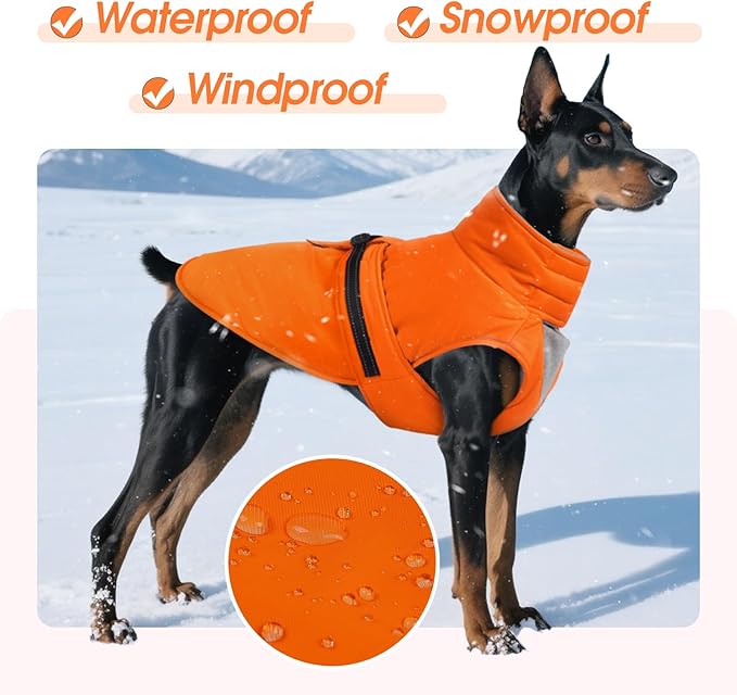 XXL Dog Coat, Warm Dog Winter Jacket, Waterproof Dogs Snowsuit With Foldable High Collar, Reflective Strips, Leash Hole, And Adjustable Hook & Loop Closure - Ideal For Cold Weather - Orange XXL
