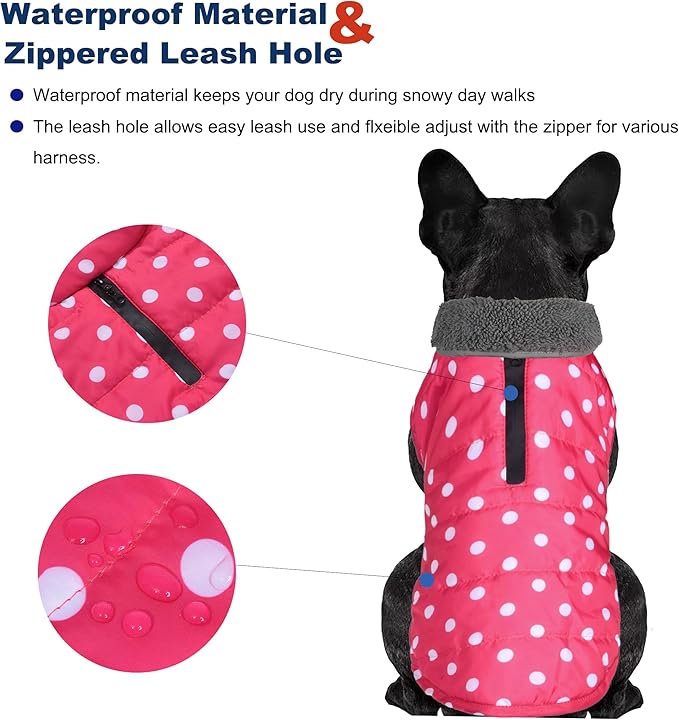 Dog Winter Coat, Waterproof Dog Jacket with Leash Hole, Reflective Adjustable Pet Snow Vest, Warm Fleece Sweater for Small Medium Large Dogs - Pink Polka Dot, 2XL
