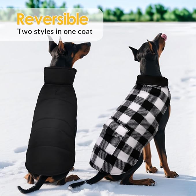 ASENKU Dog Winter Coat, Fleece Doggie Jacket Plaid Reversible Vest Waterproof Windproof Cold Weather Clothes for Small Medium Large Dogs (S, White)