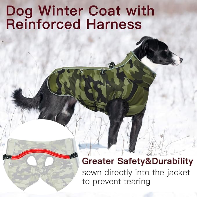 Dog Coat - Warm Zip Up Snowsuit for Large Dogs, Reflective, Water-Resistant, Camouflage