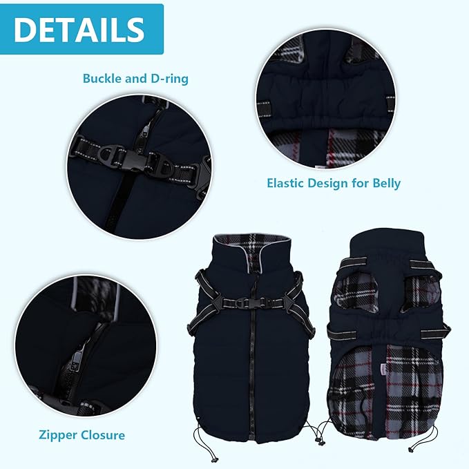 Geyecete Winter Warm Coat Waterproof Dog Jacket with Harness Traction Belt, Pet Outdoor Jacket - Navy - XL