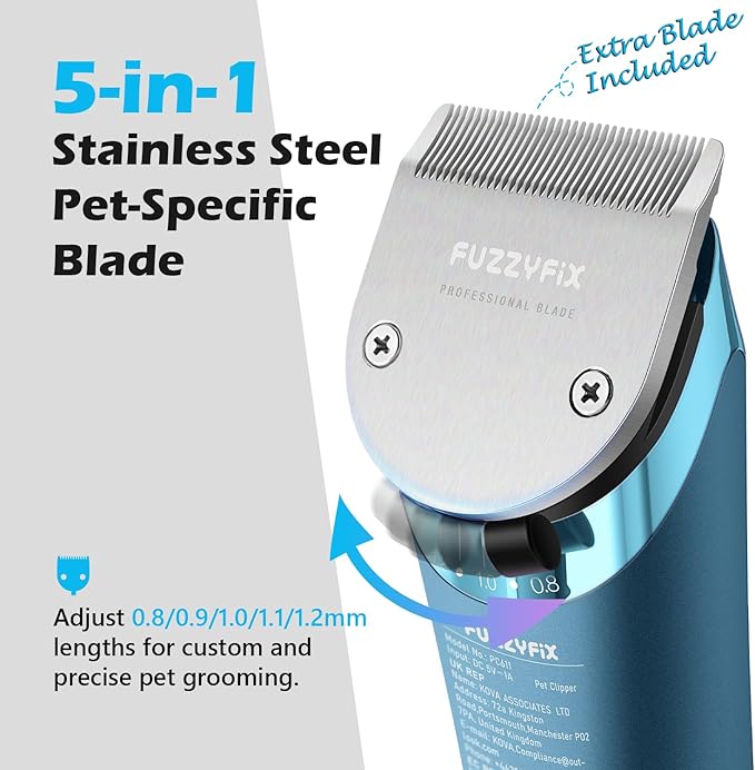 Professional Dog Grooming Clipper with Replacement Blade, 5-in-1 Adjustable Blade Cordless Pet Grooming Kit 2 Speed Trimmer Hair Shaver with Detachable Metal Combs Nova for Animal Horse