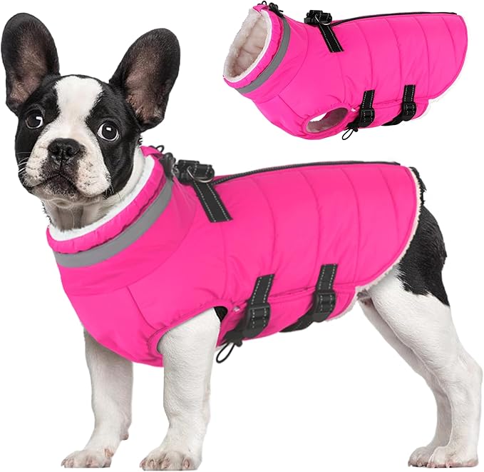 Large Dog Coat with Harness Built-in, Waterproof Reflective Fleece Lined - Warm Windproof Winter Jacket with Back Zipper, Cold Weather Snow Dog Coats - Pink - XL