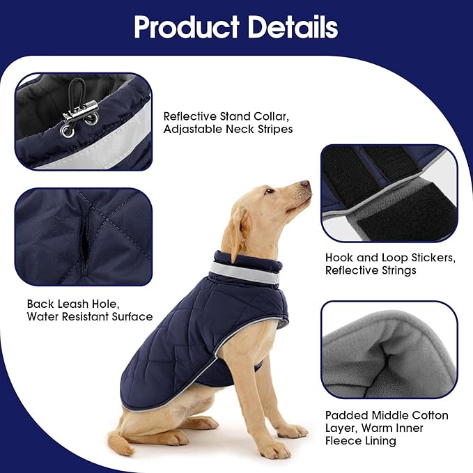 Dog Winter Coat Warm Padded Puppy Jacket Windproof Water Resistant Clothes for Small Medium Large Pets Christmas Sweater Outfit Vest(DarkBlue, 3XL)