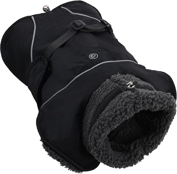 Adjustable Dog Coat with Harness Slot, Waterproof Fleece Lined Winter Jacket, Windproof Reflective Pet Vest for Cold Weather for Small Medium Large Dogs (Black, Medium)