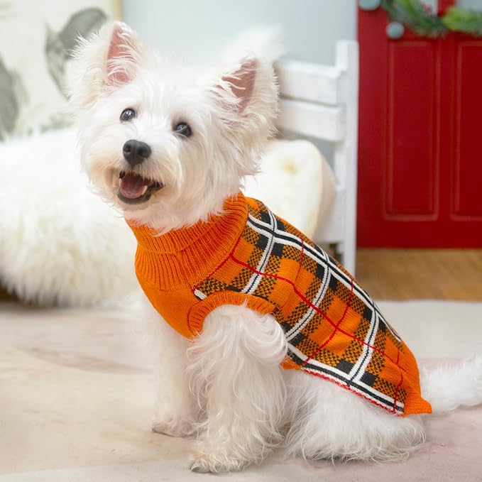 PUPTECK Dog Sweaters for Large Medium Small Dogs - Fall Classic Plaid Style Puppy Holiday Winter Coat Clothes Warm, Reddish Orange, M