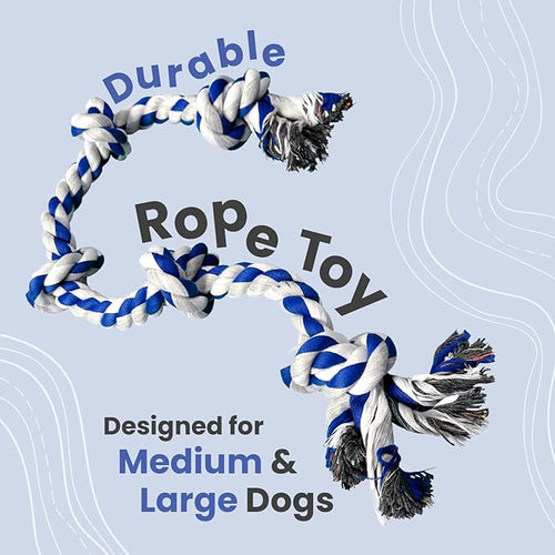 4Knines Dog Rope Toy with 5 Knots – 36-Inch Heavy-Duty Tug for Medium & Large Breeds – Durable Cotton for Chewing, Fetch, and Tug-of-War – Interactive Dog Toy for Exercise and Play – Blue