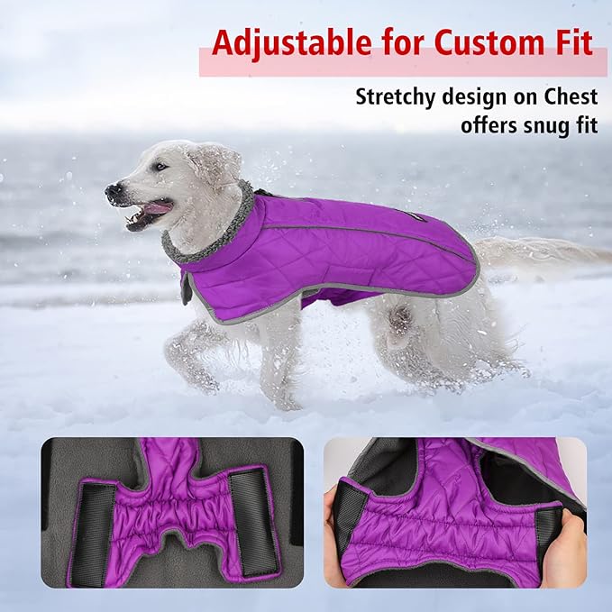 Fragralley Dog Coat Large, Waterproof Dog Jacket with Warm Fleece Lining, Adjustable Reflective Dogs Winter Coat, Turtleneck Pet Coats for Cold Weather (Purple L)