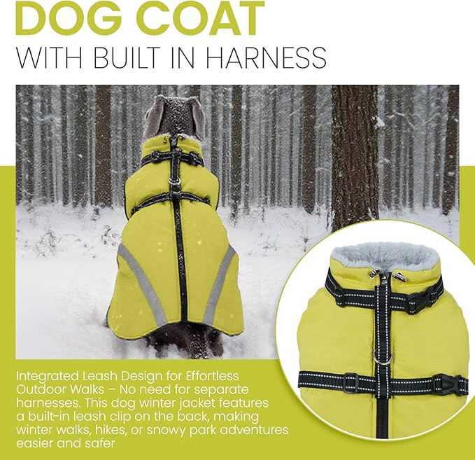 QBLEEV Dog Coat for Large Dogs, XL Dog Jacket for Winter Snow Waterproof with Built-in D-Ring Harness, Reflective Warm Thick Fleece Safety Vest, Cold Weather Snowsuit with Zip, Green, XL