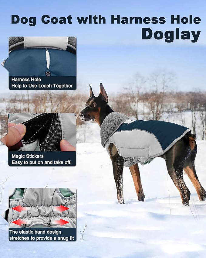 Doglay Dog Jacket Waterproof Dog Coat, Reflective Cold Weather Winter Coat, Adjustable Turtleneck Fleece Puppy Snow Jacket with Harness Hole for Small Medium Large Dogs
