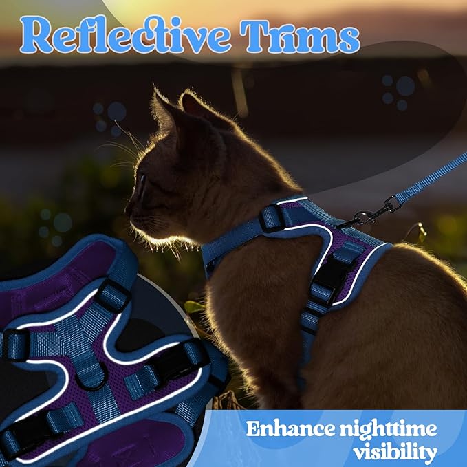 rabbitgoo Cat Harness and Leash Set, Escape Proof Soft Adjustable Vest Harnesses for Outdoor Walking, Easy Control Breathable Kitten Jacket with Reflective Strips, Purple & Blue, S