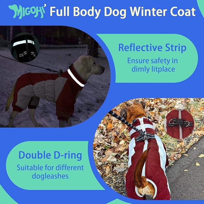 MIGOHI Full Body Dog Coat - Warm Reflective Small Dog Winter Coat with Harness, Turtleneck Fleece Jacket for Dogs,Four-Leg Windproof Puffer Jackets Snowsuit with Zipper for Small Medium Large Dogs,S