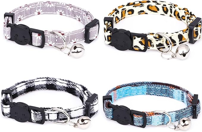 4 Pack Cotton Breakaway Cat Collar with Bell,Safety Adjustable Cat Collars Set,Ideal for Girl Cats Boy Cats