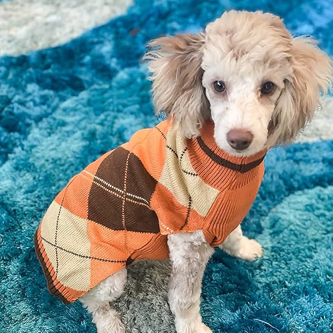 KOOLTAIL Dog Sweater Pet Knitted Clothes - Classic Plaid Pullover Turtleneck Fall Thanksgiving Dog Sweaters with Leash Hole, Thick Cold Weather Dog Outfits for Small Medium Large Dogs Cats Puppy SM
