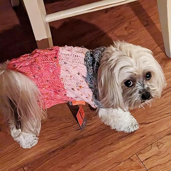 KYEESE Dog Sweater Color Block with Fuzzy Thread Knitted Turtleneck Pet Knitwear with dots in a Variety of Colors for Small Dogs Fall Winter Dogs Clothes, Pink, S
