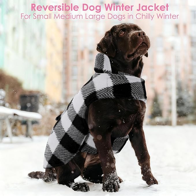 AOFITEE Dog Coat Plaid Dog Winter Coat for Small Dogs, Warm Dogs Jacket Christmas Sweater, Waterproof Pet Puffer Jacket, Reversible Pet Cold Weather Coats for Small Medium Large Pets, Black L