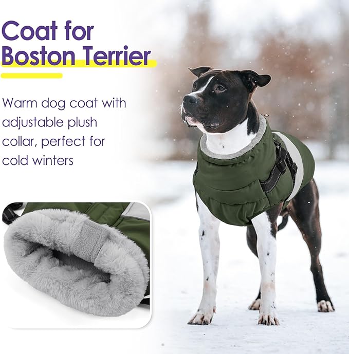 SUNFURA Dog Coat for Large Dogs, Warm Pet Jacket Winter with Harness Built in, Waterproof Pet Snow Jacket with Furry Collar, Reflective Fleece Snowsuit for Extra Large Dogs, Army Green XL
