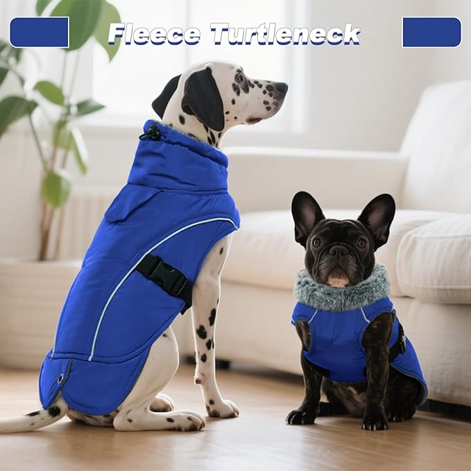 DENTRUN Dog Winter Coat - Windproof Reflective Jacket, Plush Turtleneck & Adjustable Belt, Water Repellent Fleece Lined Cold Weather Vest for Corgi Bulldog, Blue, L