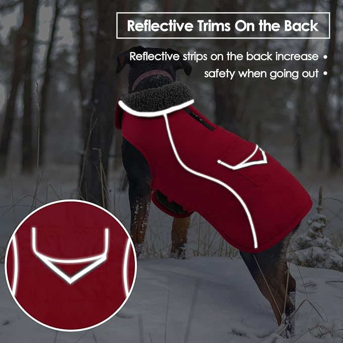 SUNFURA Dog Coat, Large Dog Jacket Reflective Winter Coat for Cold Weather, Windproof Pet Snow Jacket with Pocket, Warm Fleece Sweater Clothes for Large Dogs, Red L