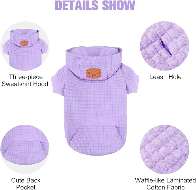 BEAUTYZOO Small Dog Hoodie Sweater with Pockets, Dog Clothes for Small Medium Dogs Boy Girl, Waffle-like Laminated Cotton Pet Coats with Hat and Leash Hole, All Weather Coat for Puppy Doggie Chihuahua