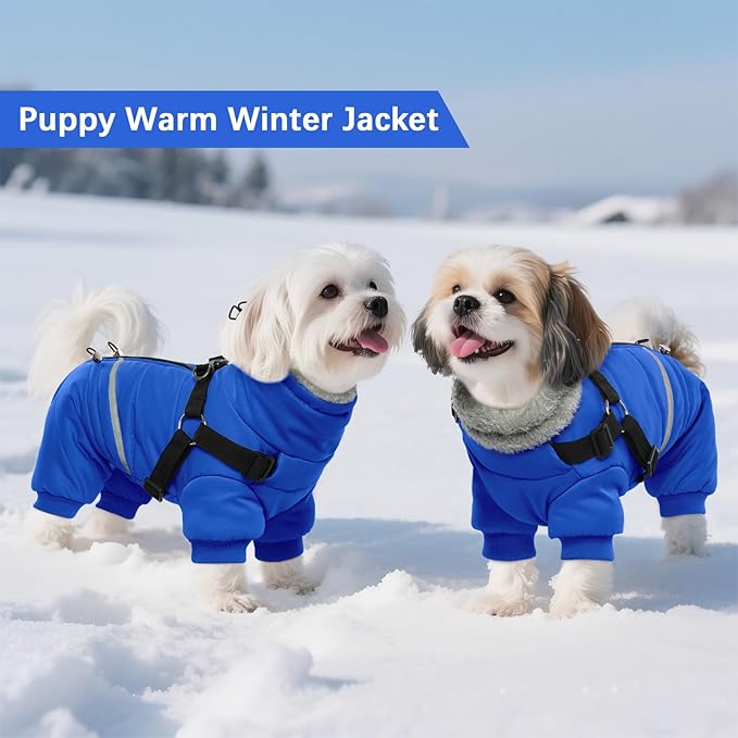 BRKURLEG Blue Dog Winter Coat, Cozy Winter Dog Jackets, Small Dogs Coat with Harness, Onesie Body Warm Puppy Christmas Jacket, Pet Reflective Cold Weather Jackets, Puppy Four-Legged Puffer Coats, S
