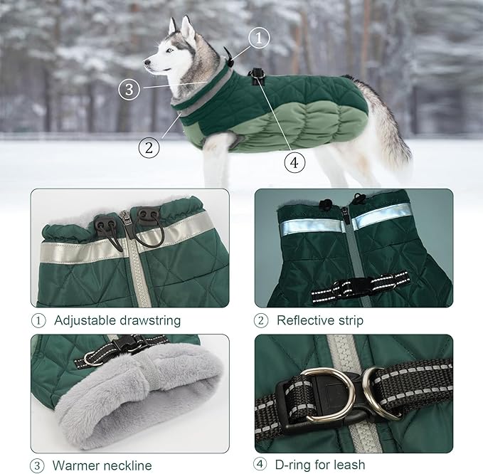 Lelepet Warm Dog Winter Coat Dog Coats for Large Dogs Waterproof Dogs Jacket with Harness Built in Reflective Cold Weather Coats Windproof Zip-Up Winter Fleece Vest Snowsuit Boxer Teal Green XL