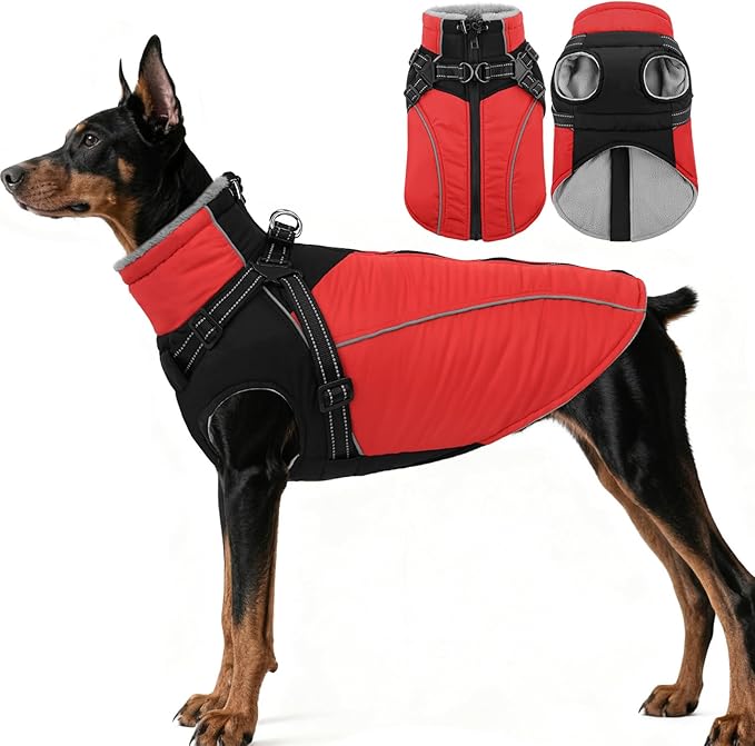 ASENKU Reflective Dog Coat with Built-in Harness, Windproof Fleece-Lined Dog Jacket for Small, Medium, Large Dogs, Warm Winter Vest with Turtleneck & Zipper (Red 2XL)