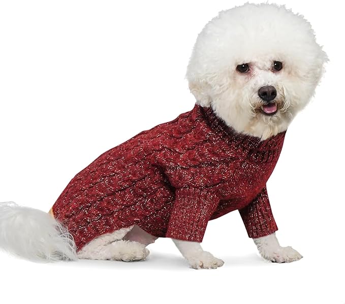 KYEESE Dog Sweater Turtleneck Stretchy Pet Sweater with Classic Cable Knit Soft Dog Sweater for Small Dogs Warm Dogs Clothes with Long Sleeve Comfy Pet Coats for Cold Weather, Red, Small