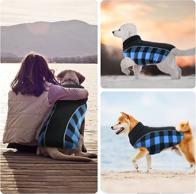 Kuoser Dog Winter Coat, Reversible Waterproof Dog Jacket with Leash Hole, Warm Dogs Fleece Vest Adjustable Doggy Cold Weather Clothes Plaid Christmas Outfit Pet Apparel for Extra Large Dogs, Blue 3XL