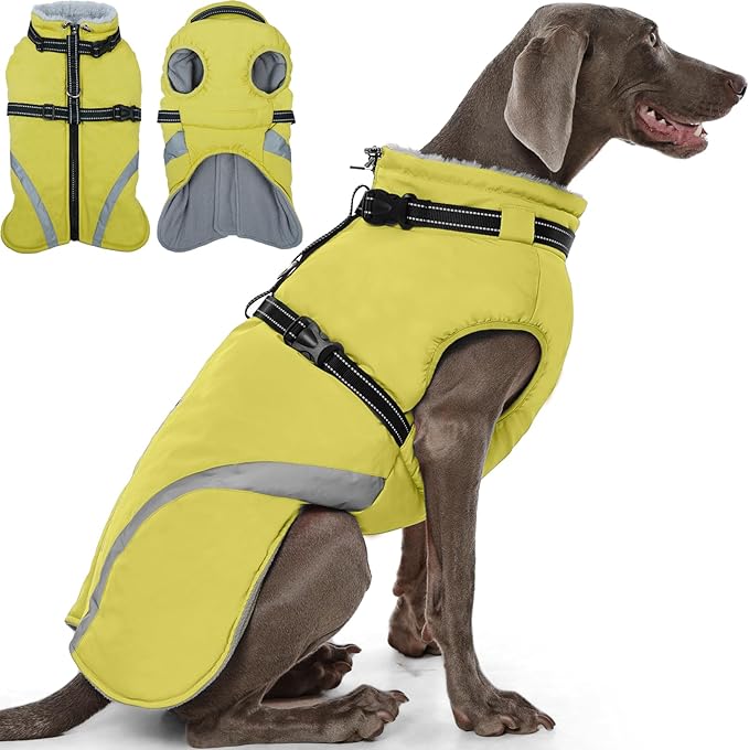 QBLEEV Warm Dog Coat for Medium Dogs, Waterproof Dog Winter Jacket with Built-in Harness & Reflective, Snowproof Warm Coat with Zip Closure, Windproof Neck Drawcord Snow Jackets, Green, L