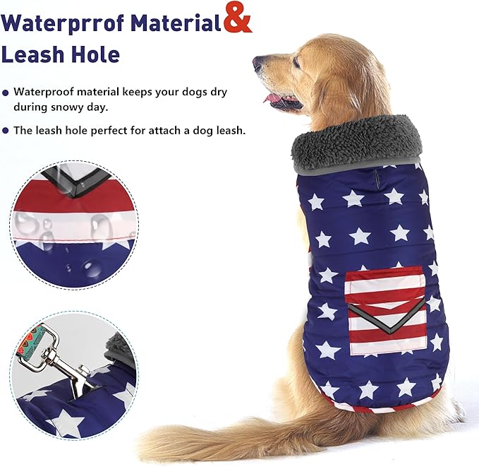 Dog Coat, Waterproof Dog Winter Jacket with Pocket, Reflective Adjustable Pet Snow Vest, Warm Cozy Fleece Sweater for Small Medium Extra Large Dogs - American Flag, M