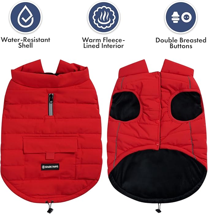 Spark Paws Dog Winter Jacket, Water-Resistant Coat, Warm Reflective Windproof Fleece-Interior, for Medium and Large Dogs - Red - 2XL