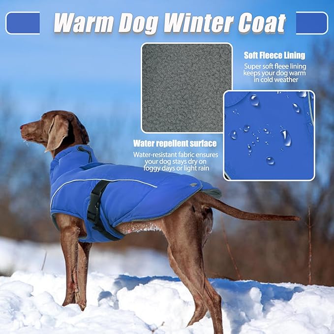 DENTRUN Large Dog Coat - Thick Fleece Lined Reflective Winter Jacket, Snap Closure & Leash Hole, Warm Thick Fleece Lined, Plush Turtleneck Vest for German Shepherd, Blue, XXL