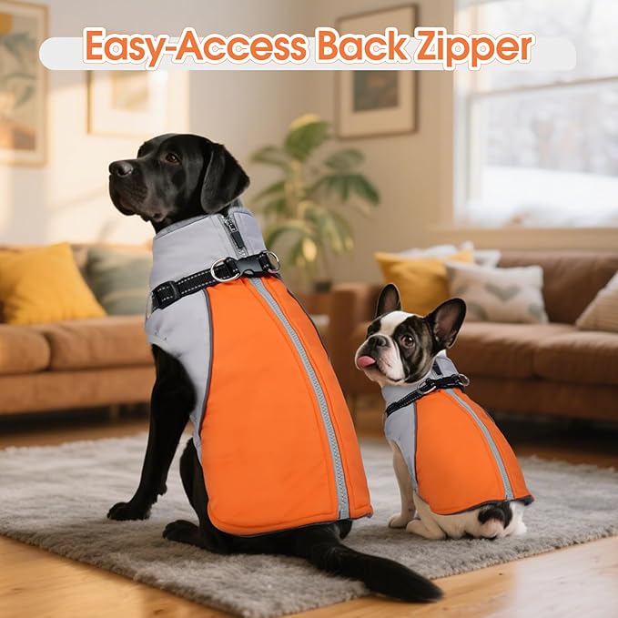 DENTRUN Dog Coat with Harness Built in, Windproof Water-Repellent Winter Dog Jacket with Reflective Strips & Fleece Lined, Plush Turtle Neck for Small Dogs, Orange, XS
