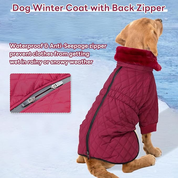 IDOMIK Dog Winter Coat for Large Dogs, Warm Dog Winter Jacket with Fleece High Collar, Zippered Cold Weather Coats for Dogs, Waterproof Doggy Snow Jacket Clothes,WineRed,2XL