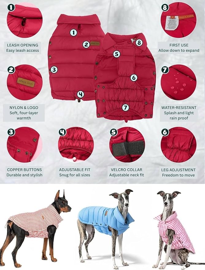 SPACE LION Dog Puffer Jacket, Down Winter Coat, Durable Outdoor Coat for Cold and Windy Conditions, Waterproof, Lightweight Jacket, Adjustable Fit for Small, Medium, Large Dogs(Red,10/S)