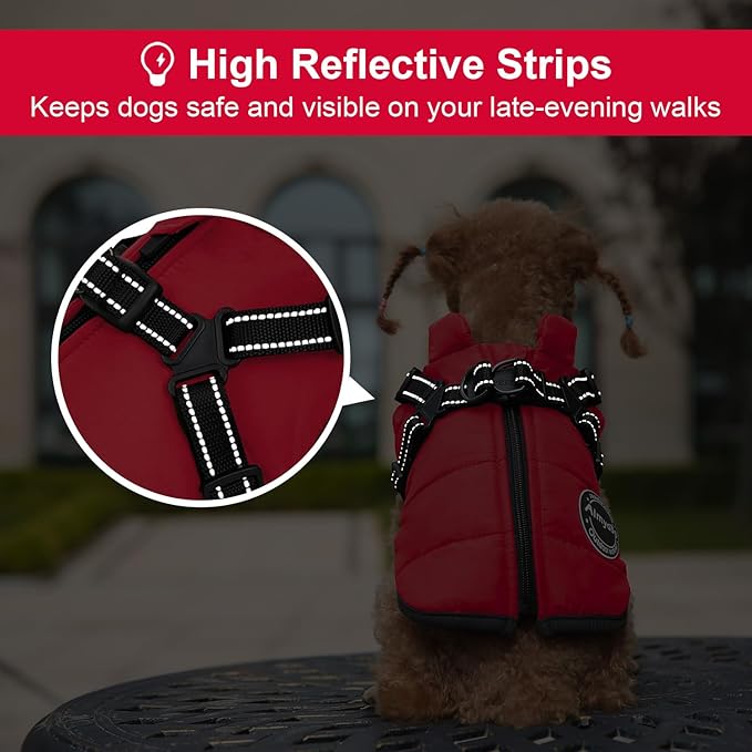 Warm Dog Winter Coat, Fashion Pet Cold Weather Jacket with Built-in Harness, Reflective & Adjustable Comfortable Pet Vest, Windproof Apparel for Small Medium Large Dogs (Red)