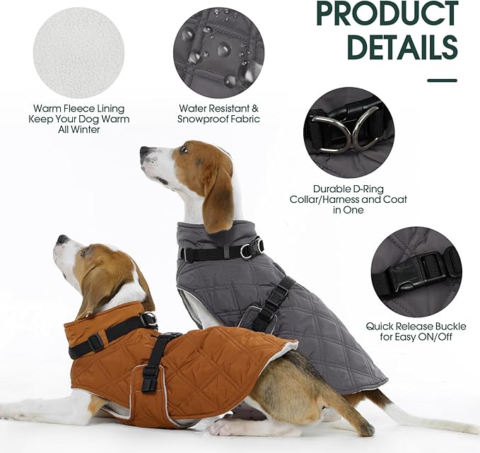 Kuoser Dog Coat Warm Fleece Lining Turtleneck Dog Jacket with Harness Built-in, Adjustable Windproof Cold Weather Coats with Quick Release Buckle Pet Winter Snowsuit for Extra Large Dogs, Grey 3XL