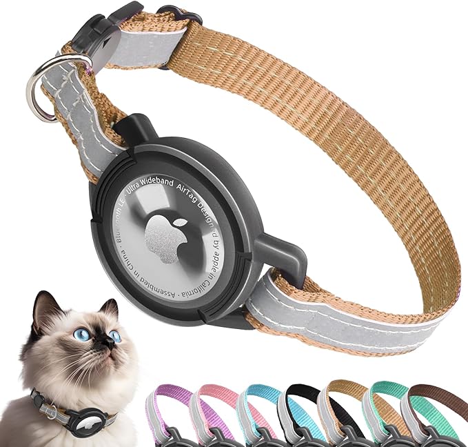 Airtag Cat Collar Breakaway, Odokele Reflective Cats Collars with Apple Air Tag Holder for Kitten, Cat GPS Tracker Adjustable Collars with Safety Quick Release Buckle for Kitties and Puppies - Brown