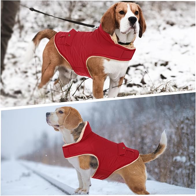 ASENKU Warm Dog Winter Coat, Waterproof Dog Coat for Cold Weather, Fleece Dogs Jacket with Ultra Thick Plush Lining Leash Hole Storage Pockets for Large Dogs (Red, Large)