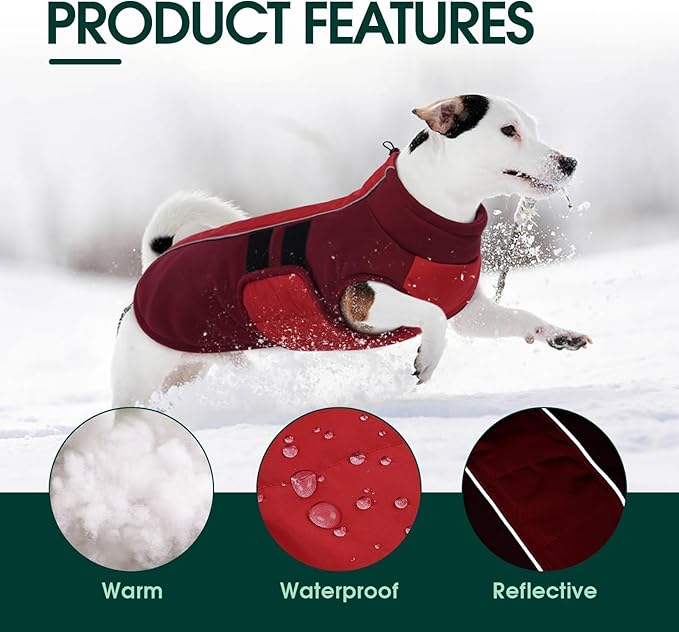 Kuoser Dog Jacket, Winter Dog Coats for Medium Dogs, Reflective Doggie Cold Weather Coats Pet Clothes, Puppy Snow Jacket for Frech Bulldog, Boston Terrier, Red L