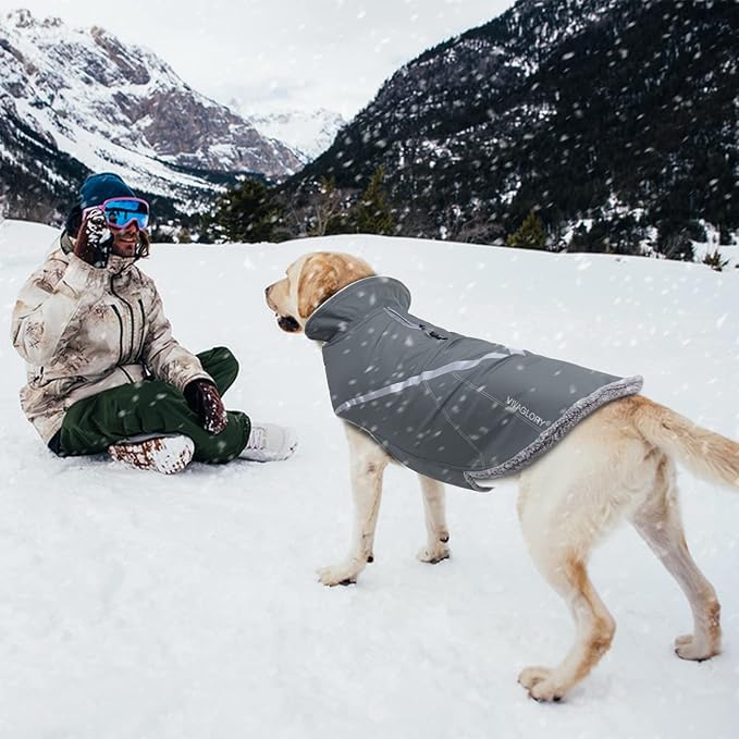 VIVAGLORY Snowrap Dog Coat, Jacket with Harness Hole & Velcro Closure, Dog Coat for Winter & Cold Weather, Fluffy Warm Fleece Lined Reflective Water Resistant for Puppy, XXS, Grey