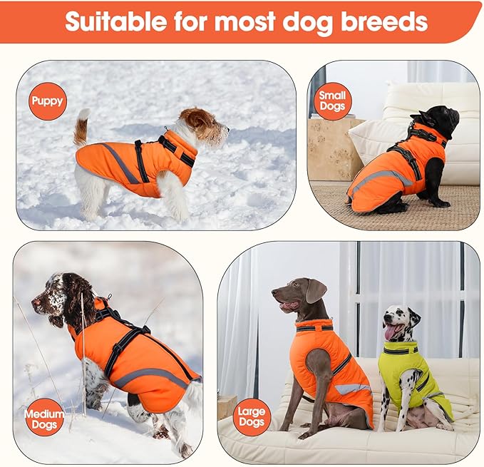 BRKURLEG Dog Winter Jackets for Large Dogs, Dog Coat with Harness Built in, Dogs Snowsuits with Zipper, Waterproof Windproof Pet Puffer Jacket Fleece Vest for Labrador, German Shepherd, Orange XXXL