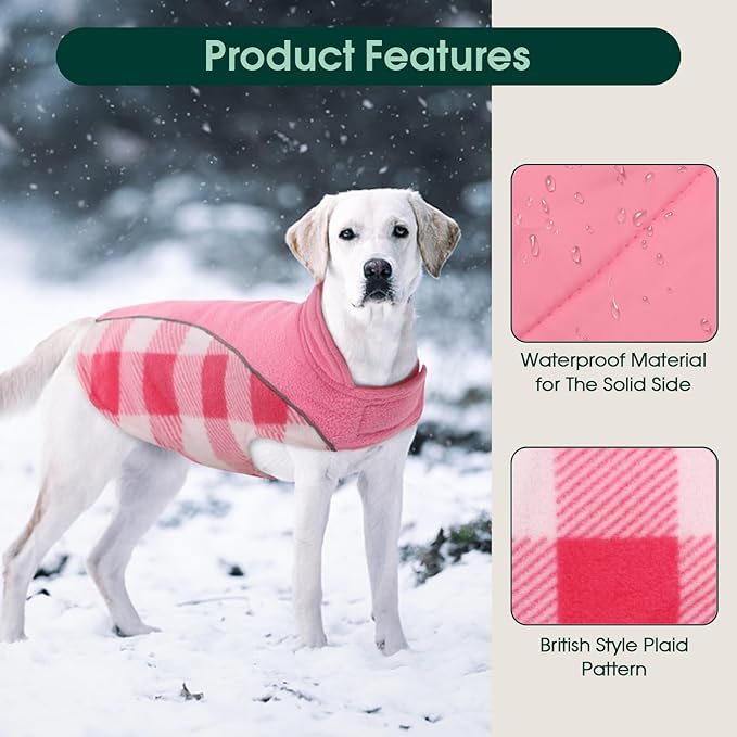 Kuoser Dog Winter Coat, Reversible Waterproof Dog Jacket with Leash Hole, Warm Dogs Fleece Vest Adjustable Doggy Cold Weather Clothes Plaid Christmas Outfit Pet Apparel for Extra Large Dogs, Pink 3XL