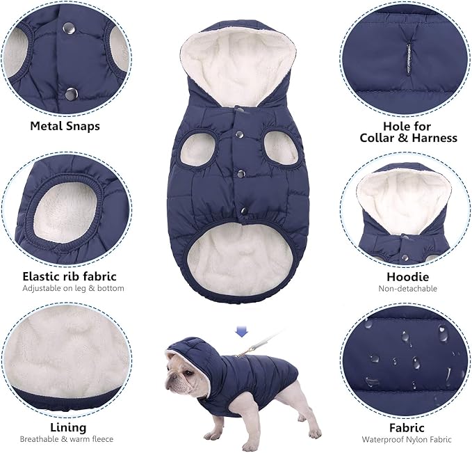 Windproof Waterproof Dog Coat Fleece & Cotton Lined Warm Jacket, Cold Weather Pet Apparel Clothes Vest for Small to Large Dogs (L, Blue)