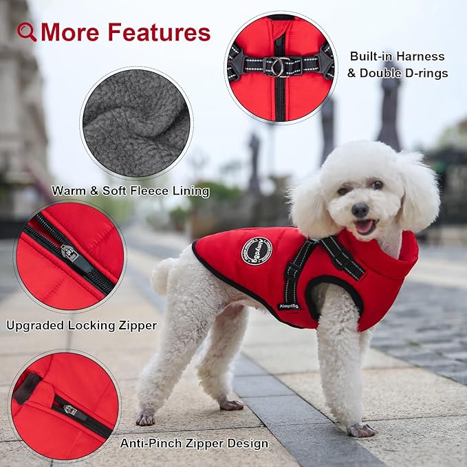 Warm Dog Winter Coat, Fashion Pet Cold Weather Jacket with Built-in Harness, Reflective & Adjustable Comfortable Pet Vest, Windproof Apparel for Small Medium Large Dogs (Red)