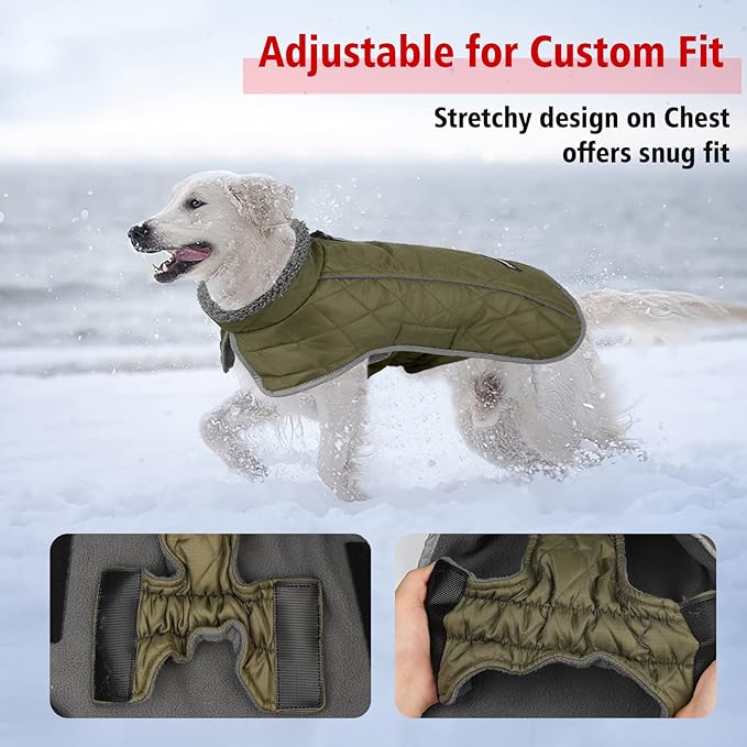 Fragralley Dog Coat Large, Waterproof Dog Jacket with Warm Fleece Lining, Adjustable Reflective Dogs Winter Coat, Turtleneck Pet Coats for Cold Weather (ArmyGreen XL)